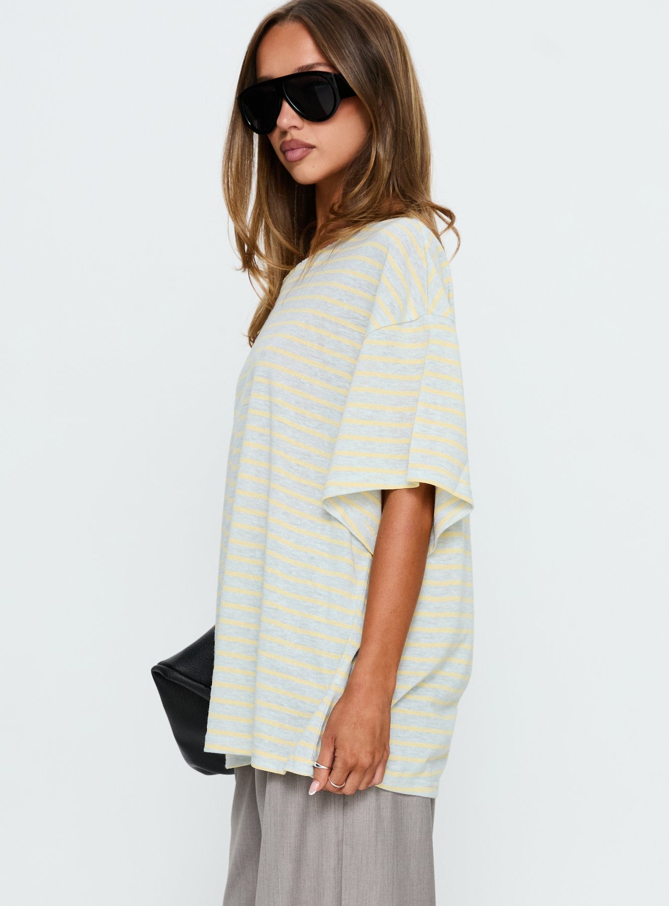 Winny Off Shoulder Tee Grey Marle / Lemon Stripe