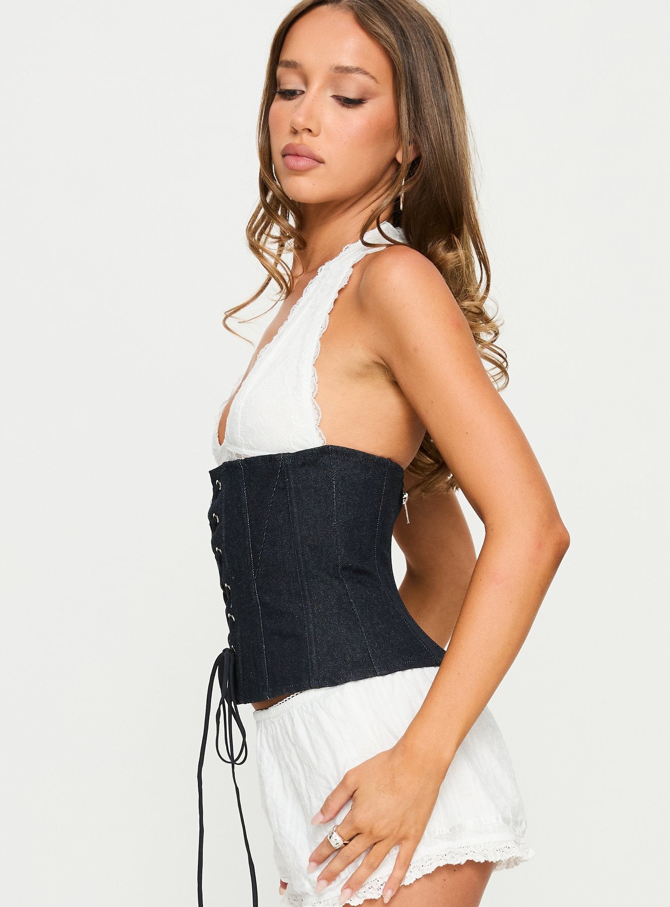 Dreamfields Lace Up Corset Top Dark Denim / White | Princess Polly