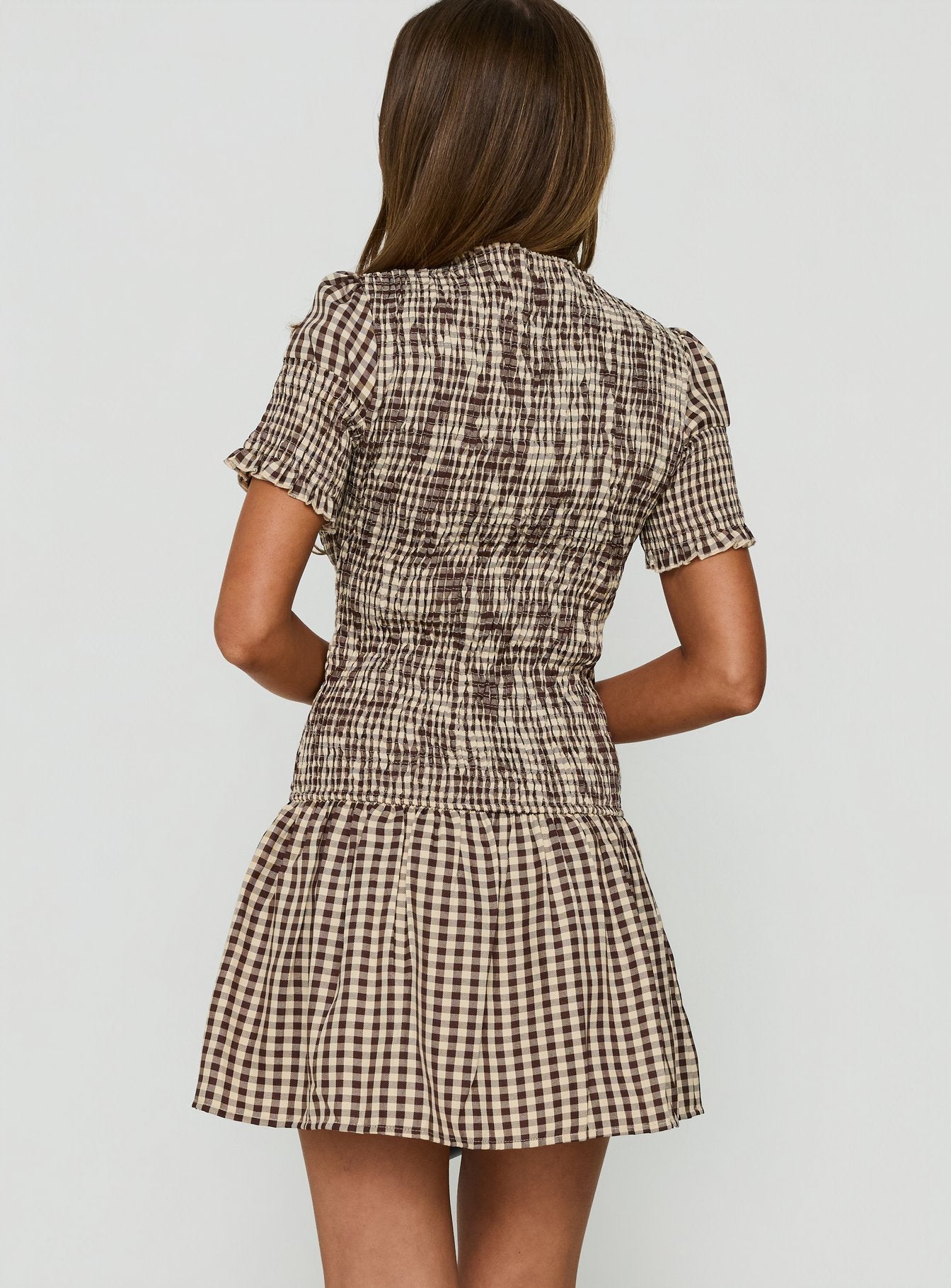 Laurita Shirred Mini Dress Brown Check | Princess Polly