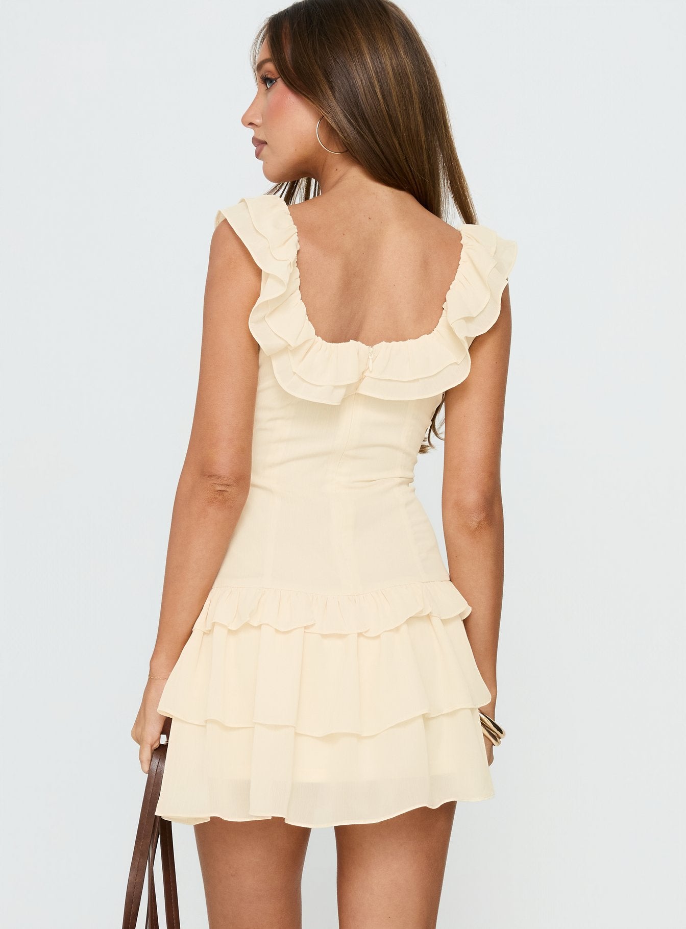 Fawnia Frill Ruched Mini Dress Cream | Princess Polly