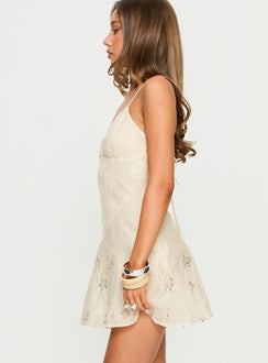 Odelinda Patchwork V Neck Mini Dress Cream Sequin