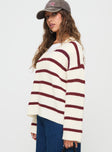 side view of model wearing Princess Polly Forte Knit Sweater Red / Cream Long 