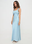 side view of model wearing Princess Polly Radioactive Bias Cut Maxi Dress Ice Blue Square Neck 