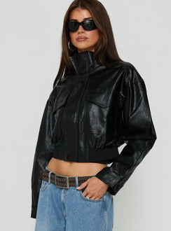 Ace Player Funnel Neck Faux Leather Jacket Black