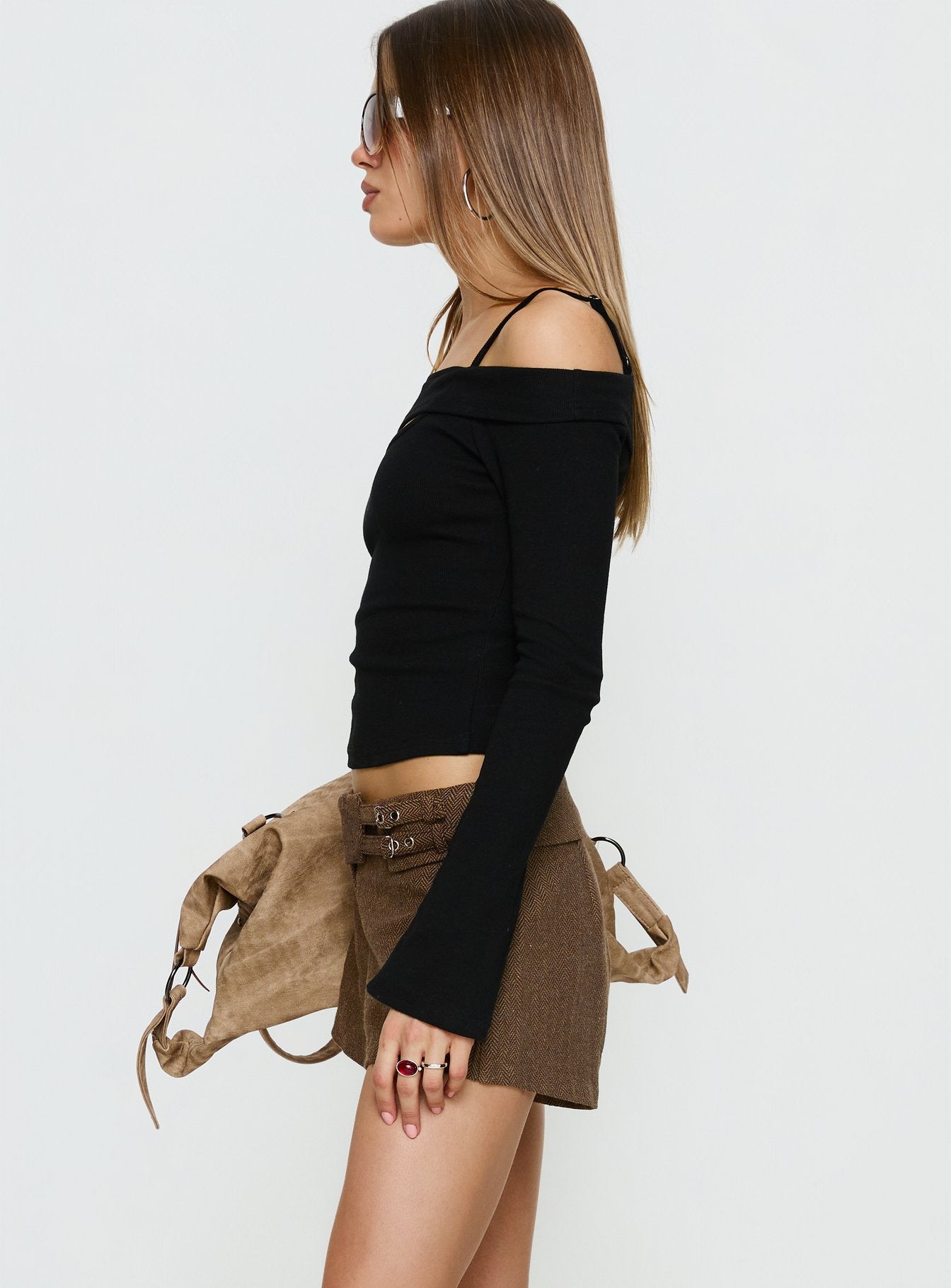 Maddelena Foldover Waist Buckle Detail Shorts Brown