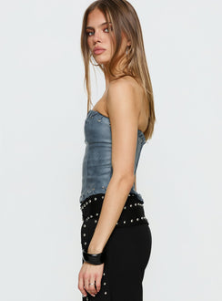 Pammie Faux Leather Strapless Top Blue