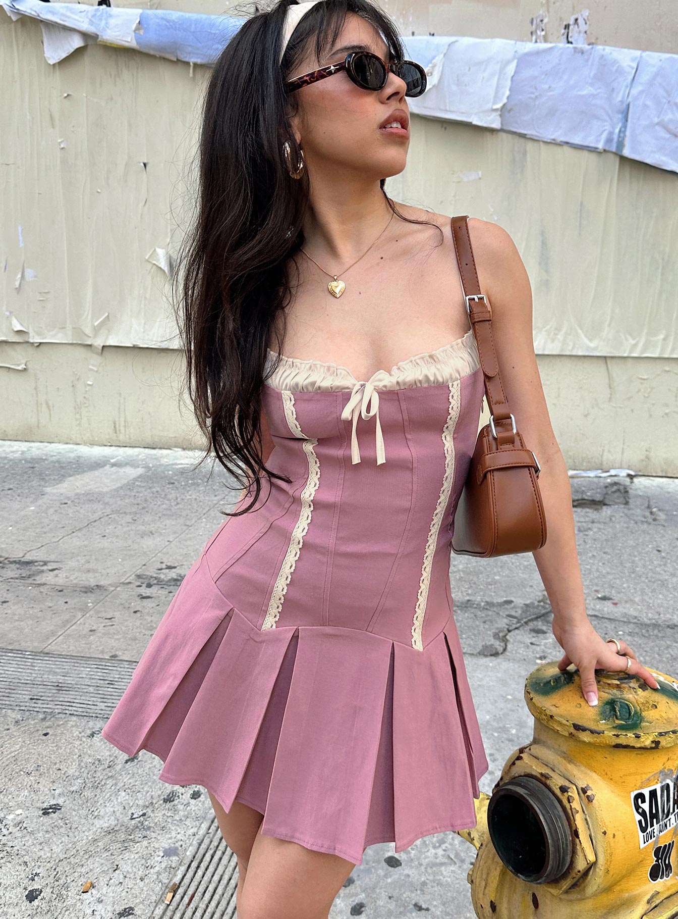 side view of model wearing Princess Polly Shirina Mini Dress Dusty Pink Square Neck 