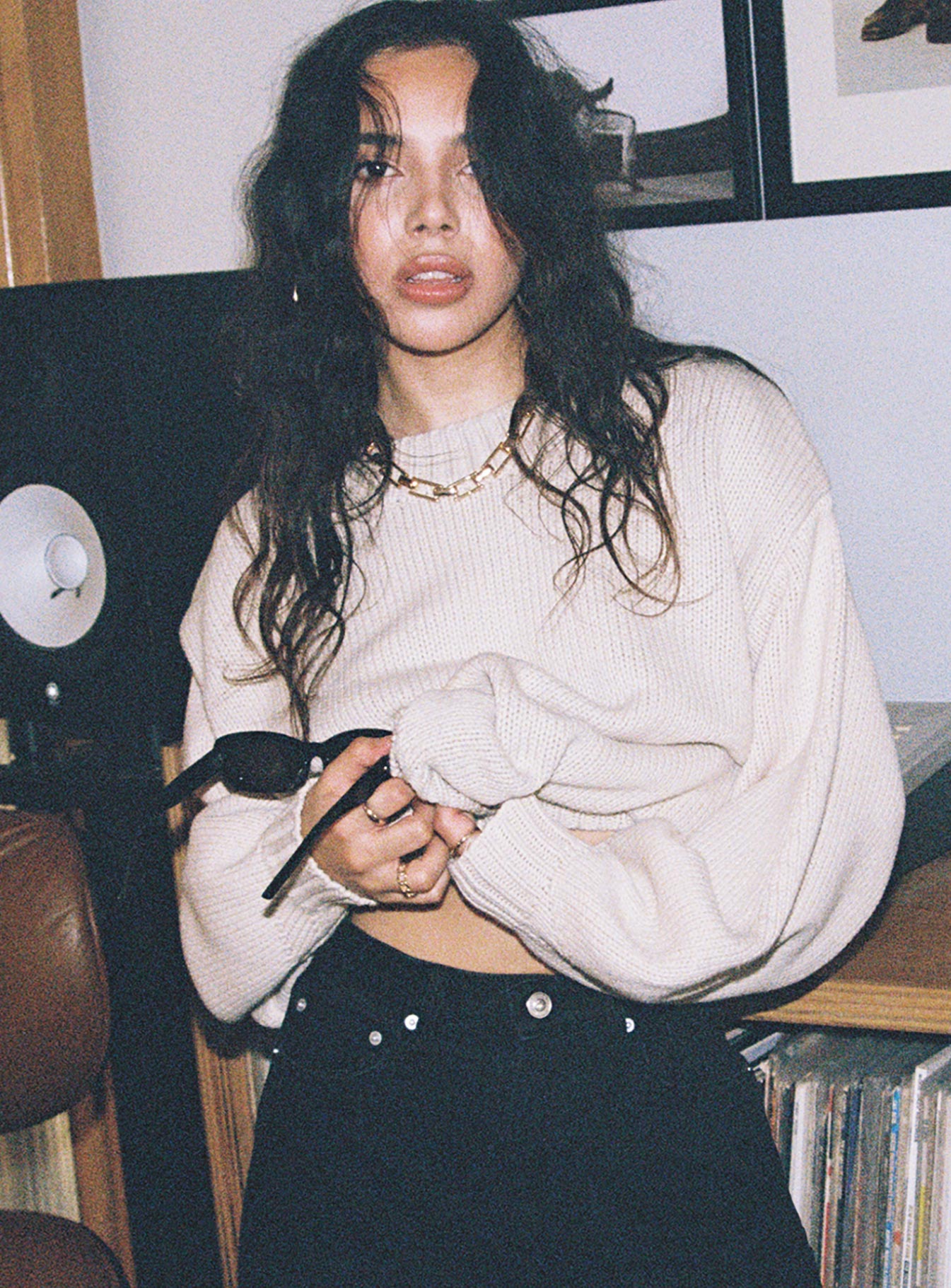 back view of model wearing Princess Polly Harmony Knit Sweater Beige Petite Cropped 