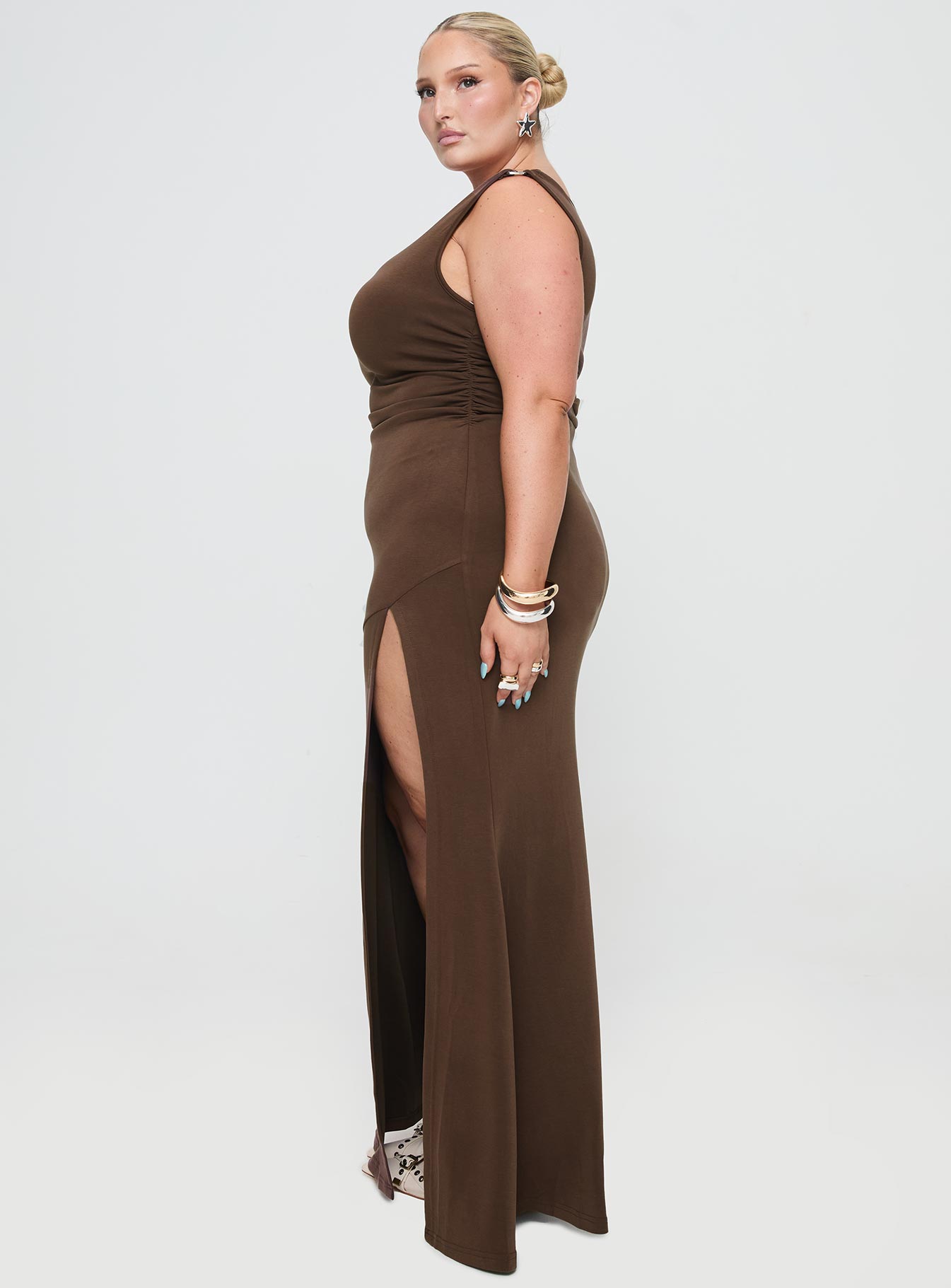 rios one shoulder maxi dress brown Princess Polly Rios metal detail one shoulder thigh split maxi dress in mocha brown