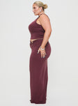   side view of model wearing Princess Polly Whiley Maxi Skirt Mauve Curve Maxi 