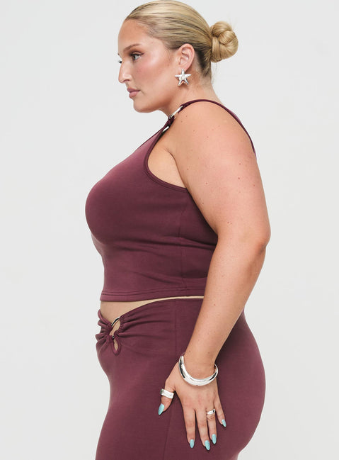 side view of model wearing Princess Polly Rios One Shoulder Top Mauve Curve Sleeveless Asymmetric Neckline 