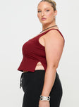 side view of model wearing Princess Polly Rehna Top Burgundy Curve Sleeveless Sweetheart 