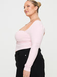 side view of model wearing Princess Polly Adella Long Sleeve Top Pink Curve Full Sleeves Square Neck 