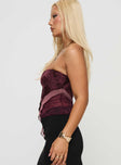 side view of model wearing Princess Polly Lourde Strapless Top Wine Sleeveless straight 