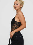 side view of model wearing Princess Polly Wystan Lace Bodysuit Black Sleeveless 