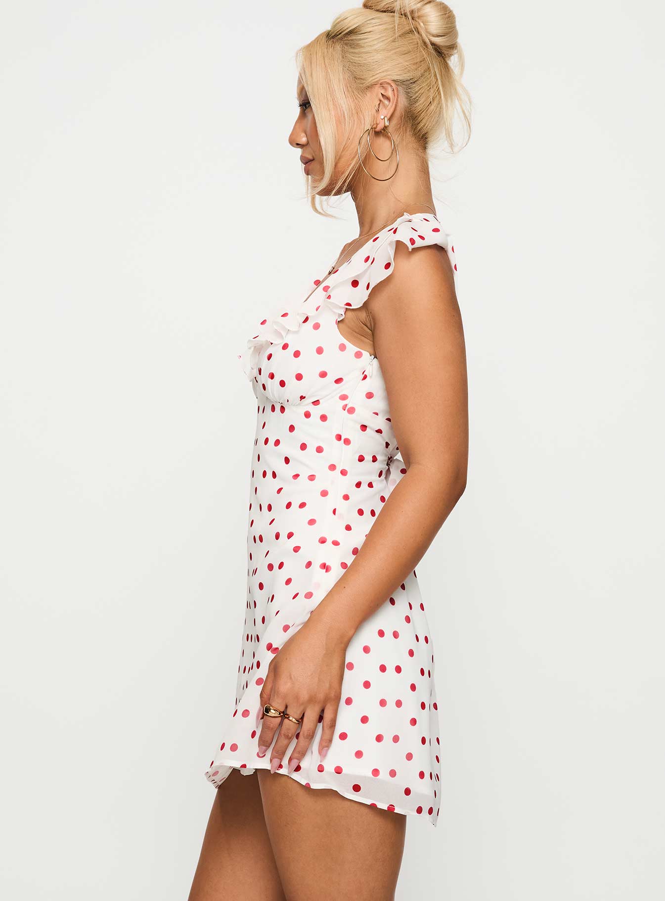 side view of model wearing Princess Polly I Guess So Mini Dress White / Burgundy Plunger 