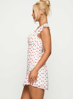 side view of model wearing Princess Polly I Guess So Mini Dress White / Burgundy Plunger 