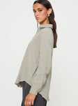 side view of model wearing Princess Polly Mahalia Shirt Light Grey Full Sleeves V-Neck 