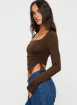 Brown Long sleeve top Asymmetric hem, elasticated ruching at side, invisible zip fastening