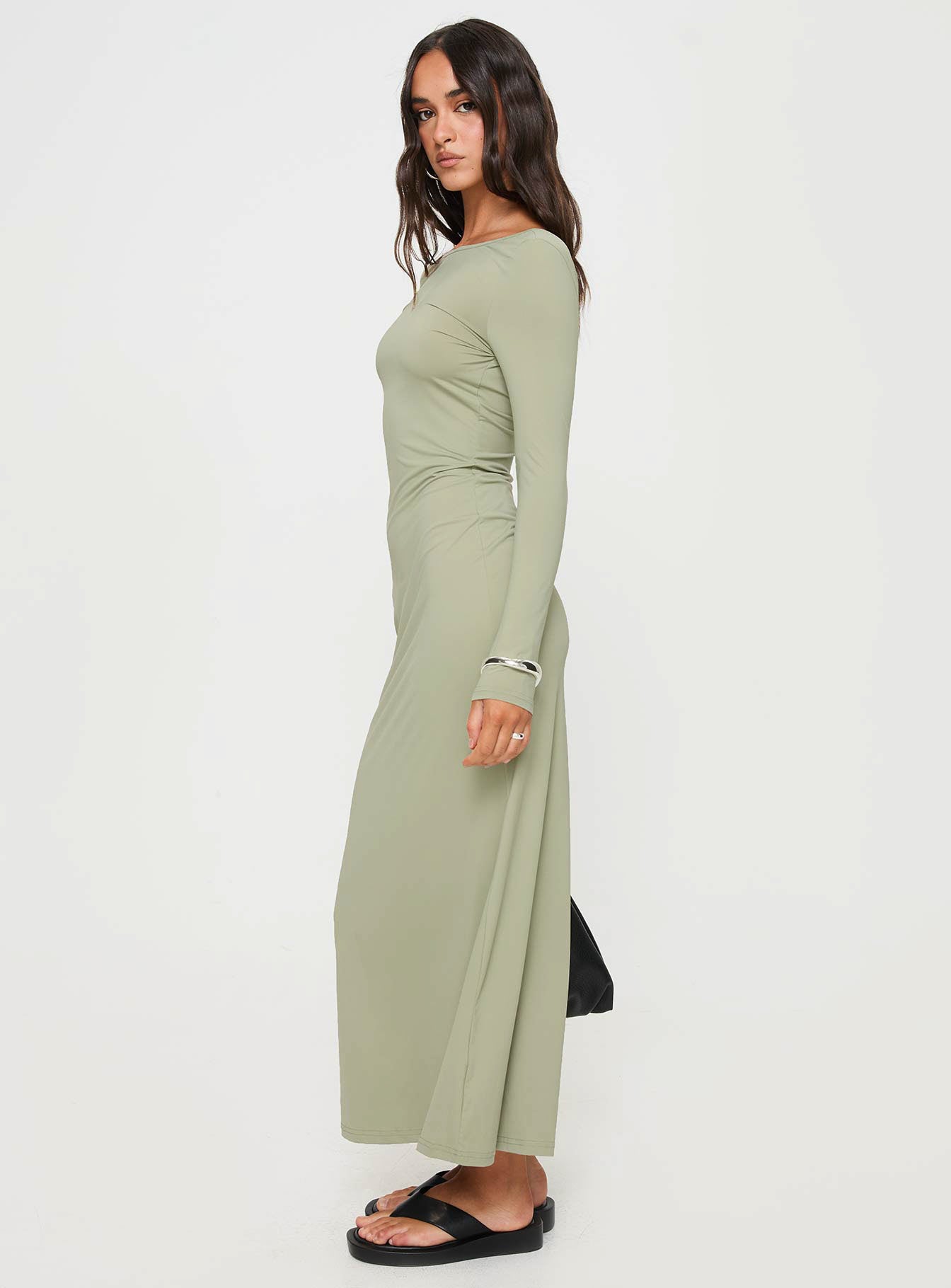 side view of model wearing Princess Polly Rain Fire Long Sleeve Maxi Dress Sage Boat Neck 