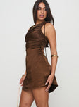 side view of model wearing Princess Polly Rosabella Mini Dress Brown Crew Neck 