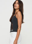 side view of model wearing Princess Polly Marcio Lace Top Black Sleeveless Sweetheart 