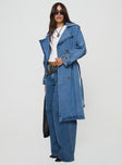 Denim trench coat Lapel collar, button fastening down front, adjustable & removable belts on cuff & waist Non-stretch material, unlined 