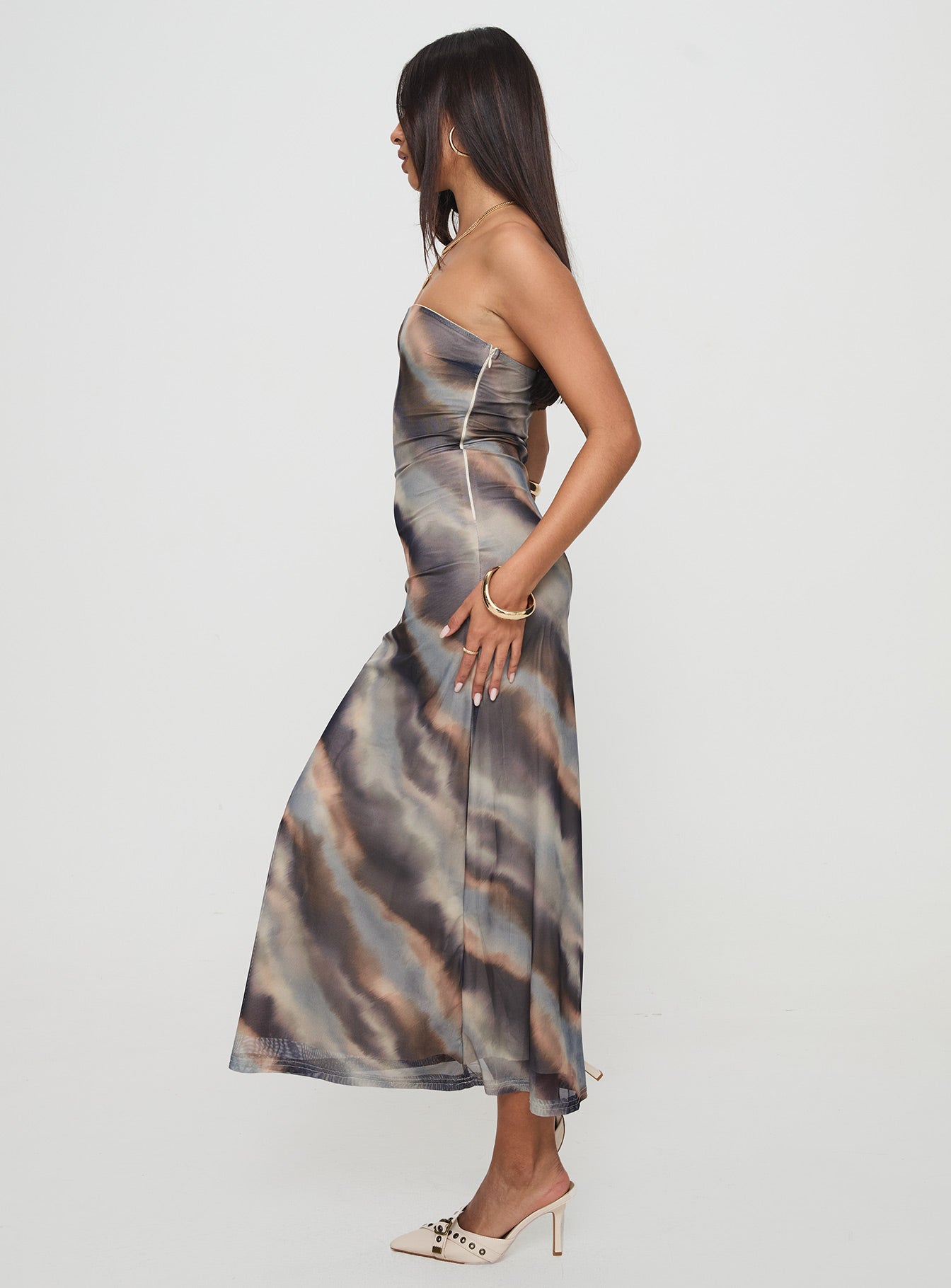 side view of model wearing Princess Polly Pinacle Strapless Maxi Dress Brown Straight Neck 