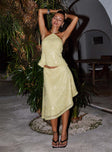 front view of model wearing Princess Polly Sun Salutations Halter Top Yellow Sleeveless Asymmetric Neckline 