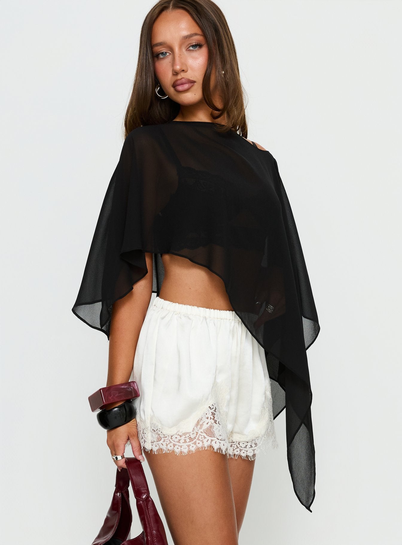 Parisse Satin Lace Trim Shorts Off White