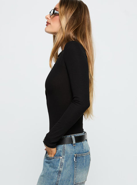 side view of model wearing Princess Polly Kandis Long Sleeve Bodysuit Black Long Sleeve Tops 