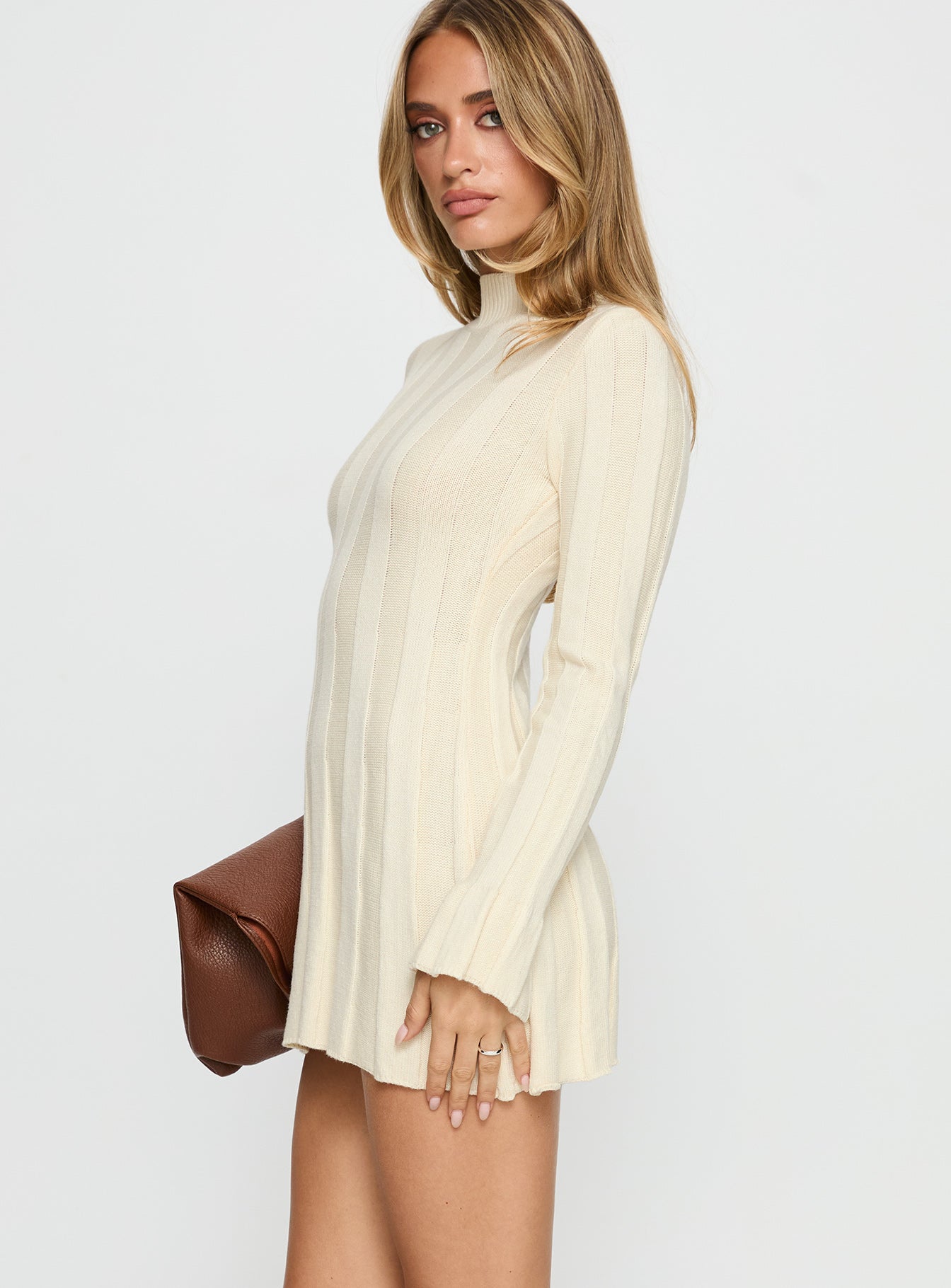 Princess Polly Women's Carlee Mock Neck Long Sleeve Rib Sweater Minidress - Natural - Mini dresses Princess Polly Women's Carlee Mock Neck Long Sleeve Rib Sweater Minidress - Natural - Mini dresses