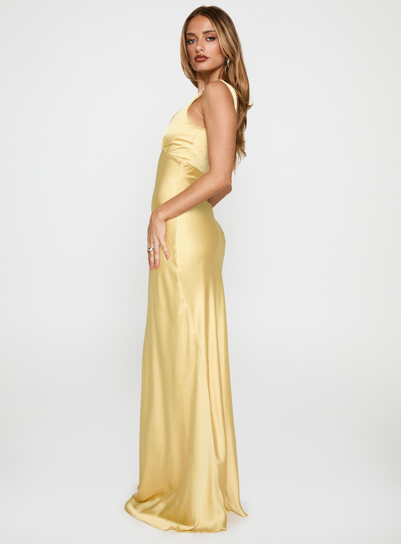 side view of model wearing Princess Polly Dasha Maxi Dress Lemon Square Neck 