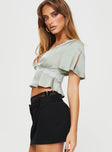 Crop top Silk material look, relaxed fit sleeves with slit, v neckline, lace trim detail, invisible zip fastening