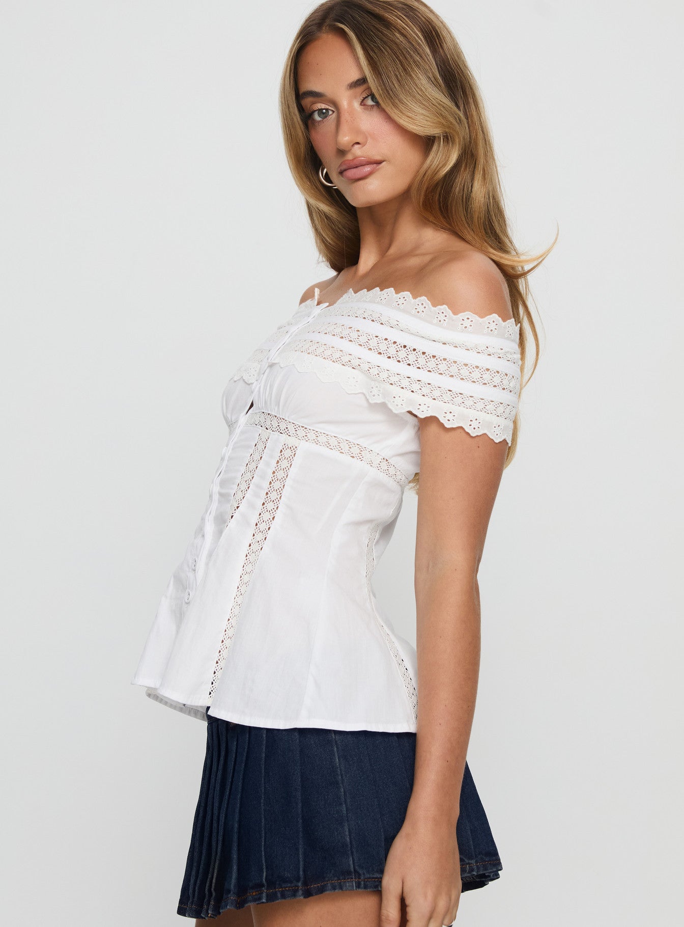 Stately Off Shoulder Lace Trim Top White