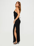 side view of model wearing Princess Polly Cerda Knit Maxi Dress Black Square Neck 