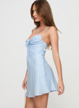 side view of model wearing Princess Polly Glendon Mini Dress Blue Sweetheart Neckline 