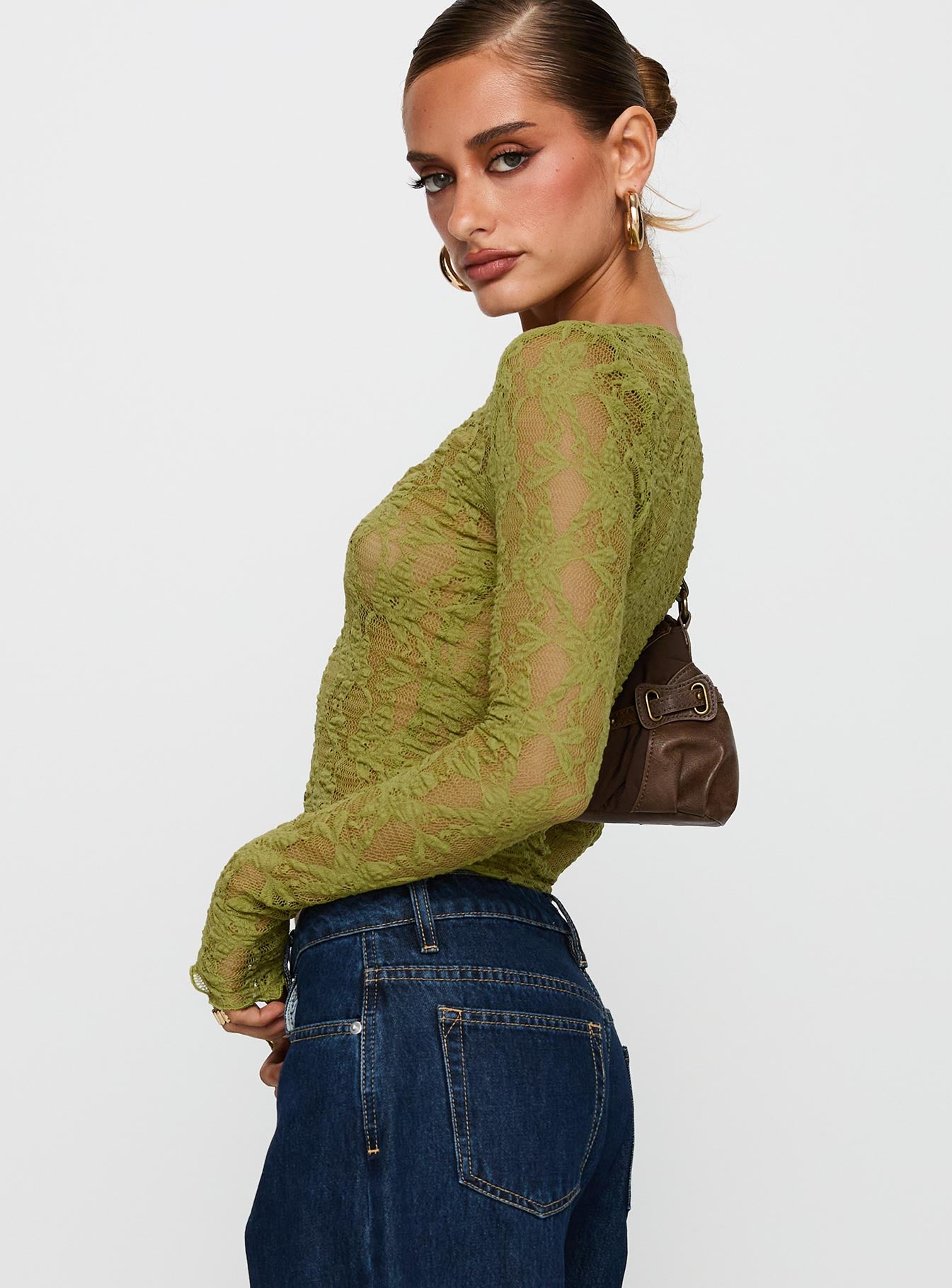 side view of model wearing Princess Polly Prized Possessions Sheer Button Up Top Green Full Sleeves Plunger 