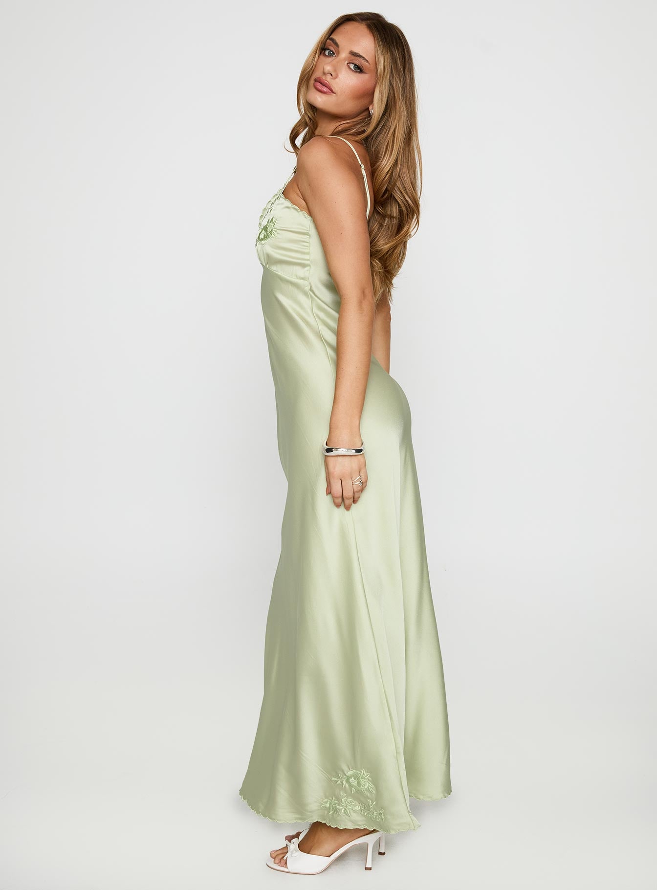 side view of model wearing Princess Polly Cyrielle Embroidered Maxi Dress Sage Plunger 