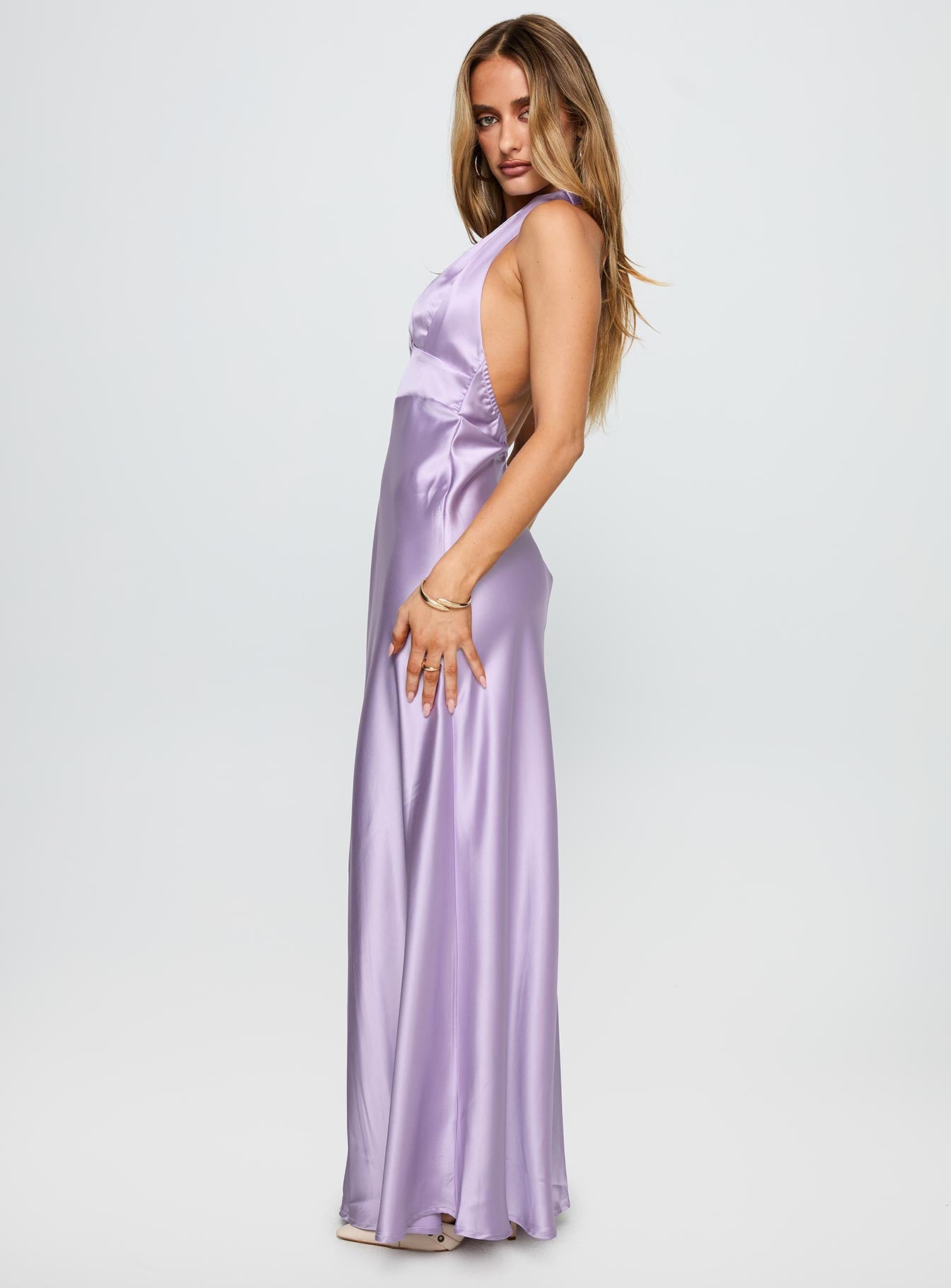 side view of model wearing Princess Polly Big Screen Halter Maxi Dress Lilac Plunger 