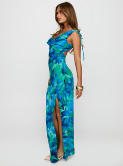side view of model wearing Princess Polly Symphonies Cowl Maxi Dress Multi Cowl Neck 