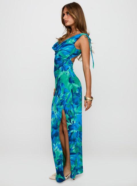 side view of model wearing Princess Polly Symphonies Cowl Maxi Dress Multi Cowl Neck 