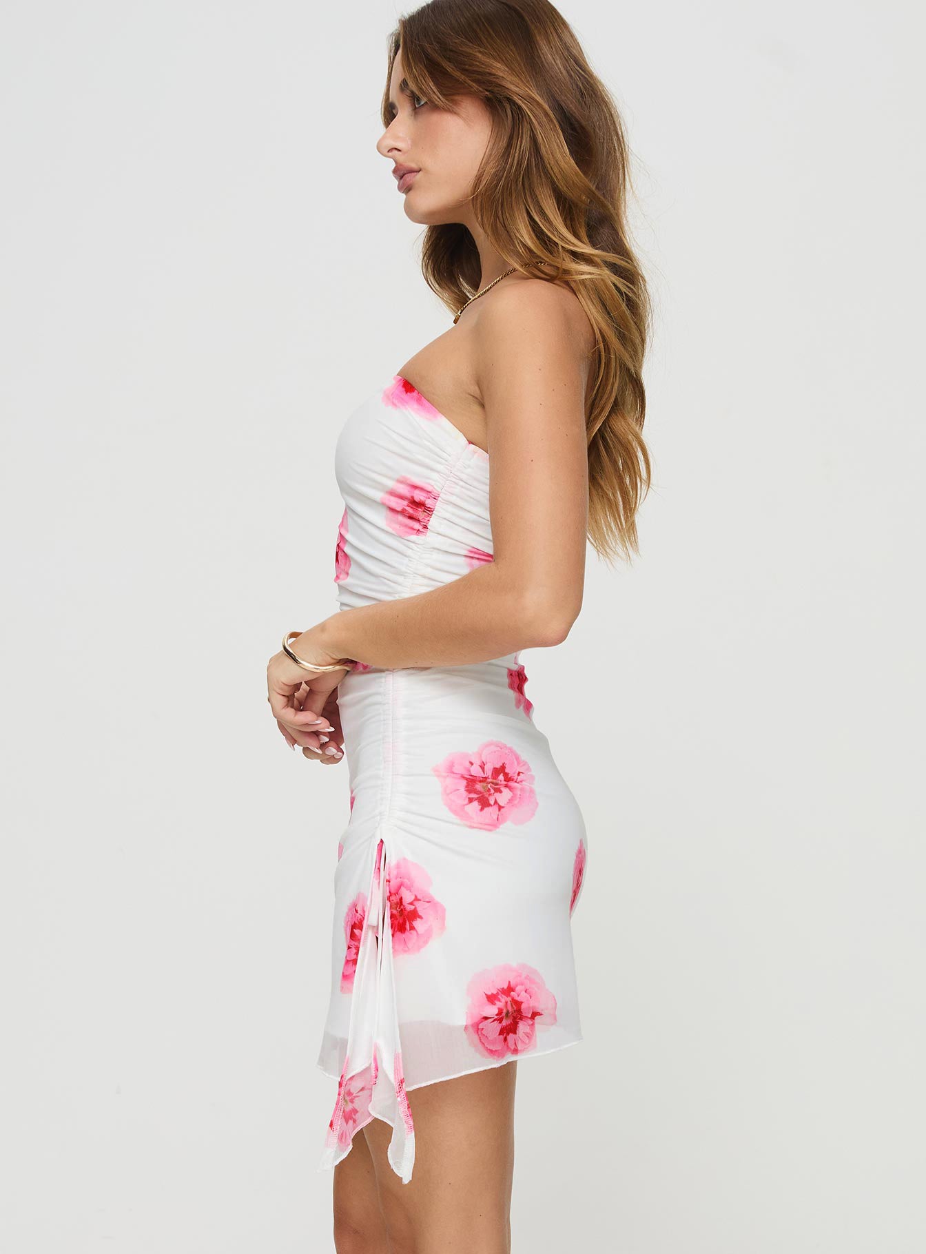 Donelli Mini Dress White / Pink Floral Straight Neck 