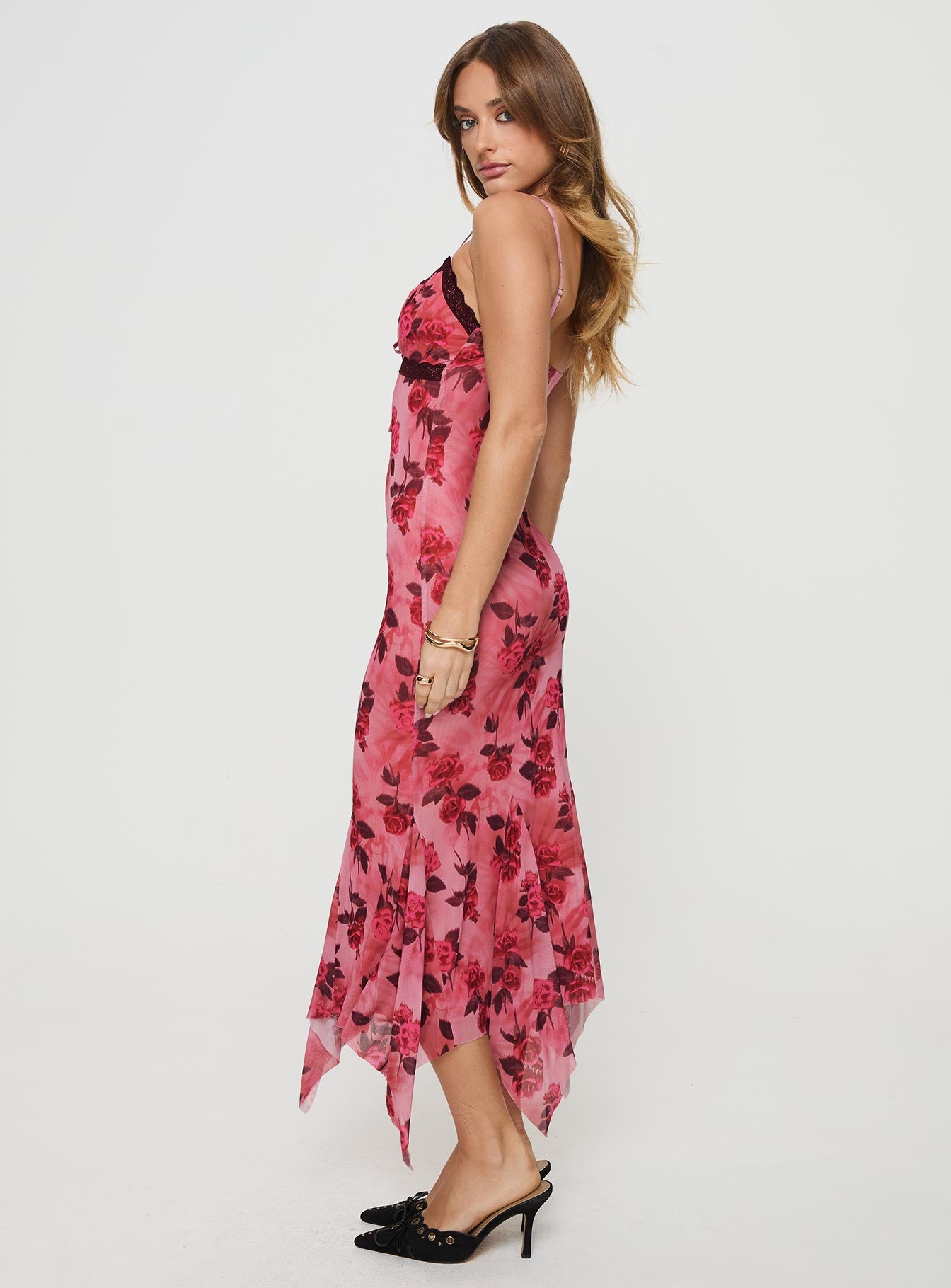 side view of model wearing Princess Polly Eirini Maxi Dress Pink Floral V-Neck 