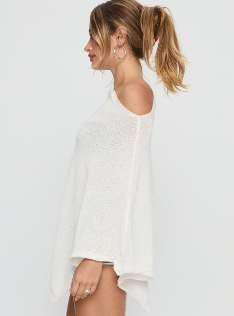 side view of model wearing Princess Polly Rouse Off Shoulder Poncho White 