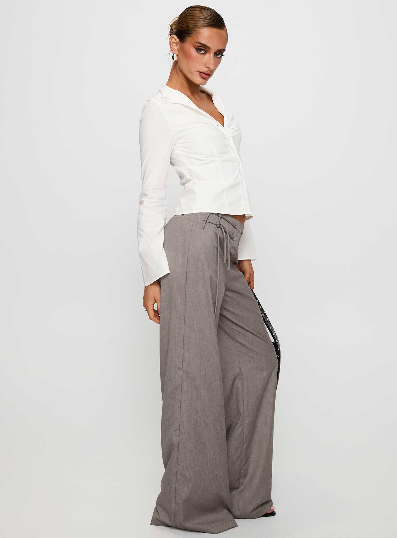 side view of model wearing Princess Polly Just Have Fun Wide Leg Pant Grey High Waisted Pants 