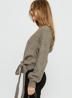 side view of model wearing Princess Polly Daelan Wrap Knit Cardigan Brown Cropped Jumpers 