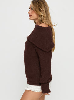 side view of model wearing Princess Polly Kinslea Off Shoulder Knit Sweater Brown regular 