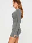 side view of model wearing Princess Polly Kindra Long Sleeve Mini Dress Grey Cowl Neck 