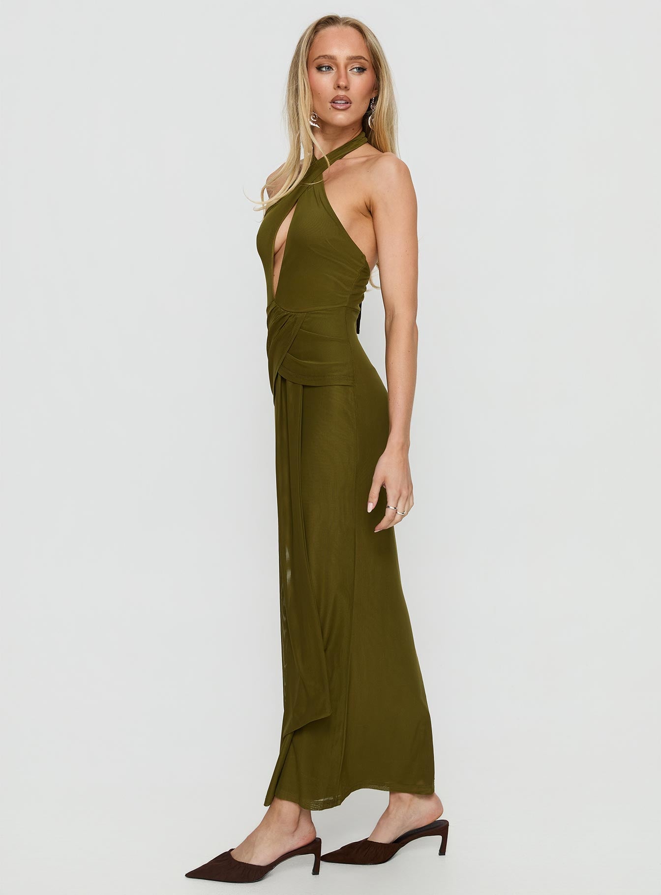 knee length dresses for ladies Feliza Keyhole Halter Maxi Dress Olive